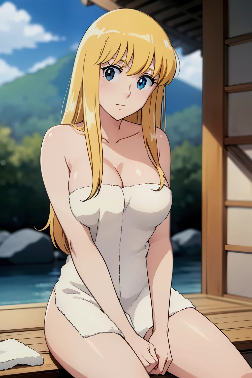 (anime cels style, Masterpiece, best quality, high resolution, anime colored, megami magazine:1.2, anime poster style, anime keyvisual, sharp, 8k, photorealistic), (beautiful eyes:1.5), reiko_aiwaifu, 1girl, cute, blond hair, long hair, sagging huge breast, (beautiful nude), (Towel over breasts:1.5), (cowboy shot, sitting), (perfect detailed anatomy, perfect arms, perfect fingers, beautiful face, perfect body, shiny skin), onsen, 