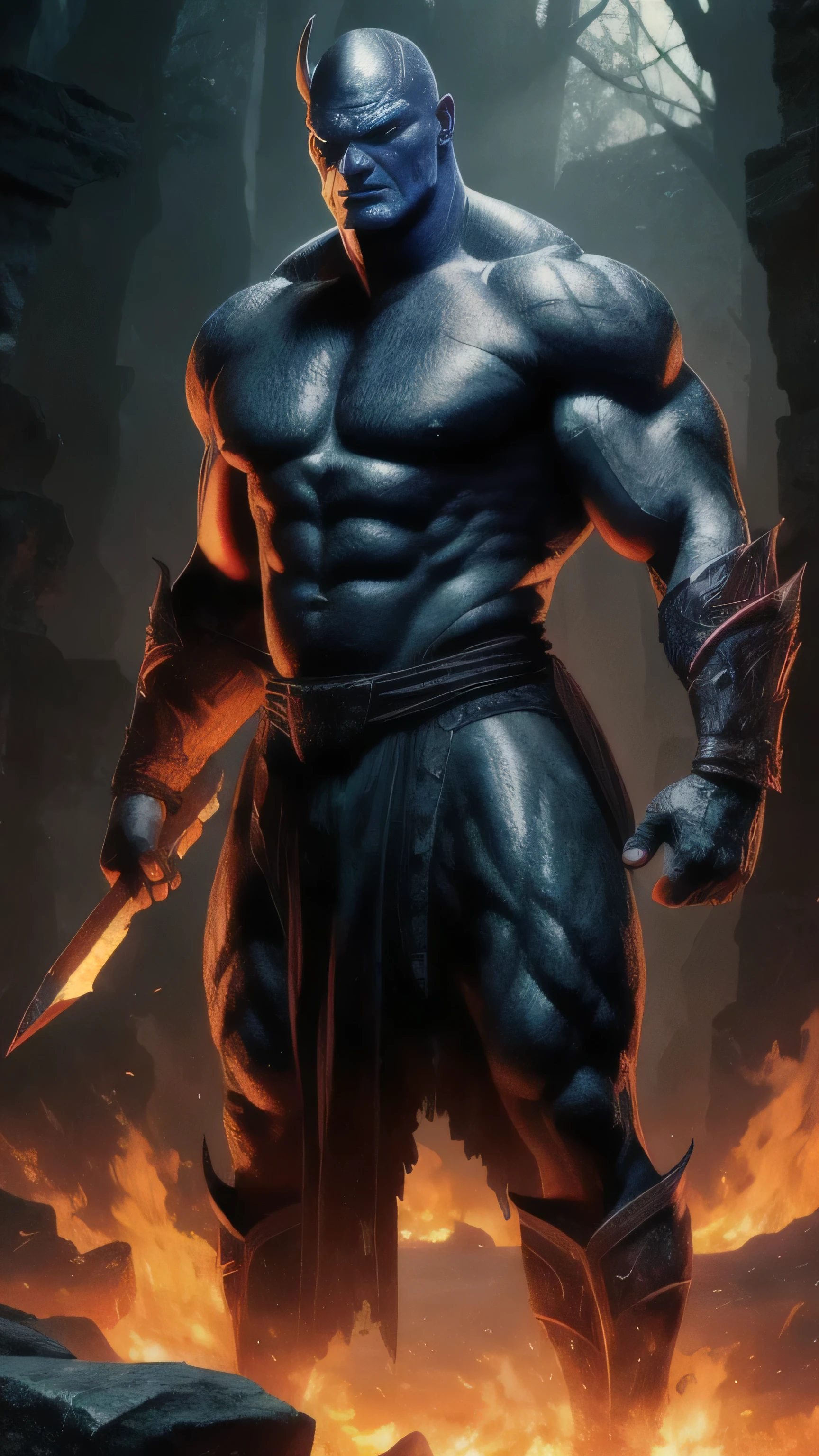((Derek Mears)) as Moloch from Mortal Kombat, hulking and muscular frame, (dark blue skin), small sharp horns, jagged pointed teeth, fiery glowing eyes, tattered primitive clothing, (holds rocky ball), 1man, solo, full body view, front view, looking at viewer, intricate, high detail, sharp focus, dramatic, photorealistic painting art by greg rutkowski