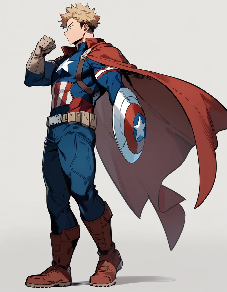 One boy, male focus, brown and blond hair, boku no hero academia, masterpiece, best quality, very aesthetic, captain America suit, cape, full body illustration.