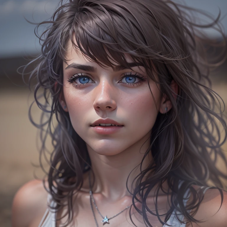 epic realism, 1 junge frau 25 jahre, haltung frontal in kamera, Upper body and head visible, tanktop weiss unifarben, der blick starrt feurig frontal in kamera, blaue strahelnde augen, european skin type, dunkelbraune haare in silber, rebellische wilde frisur zerzaust, licht dramatisch warm, hintergundhellgrau unifarben