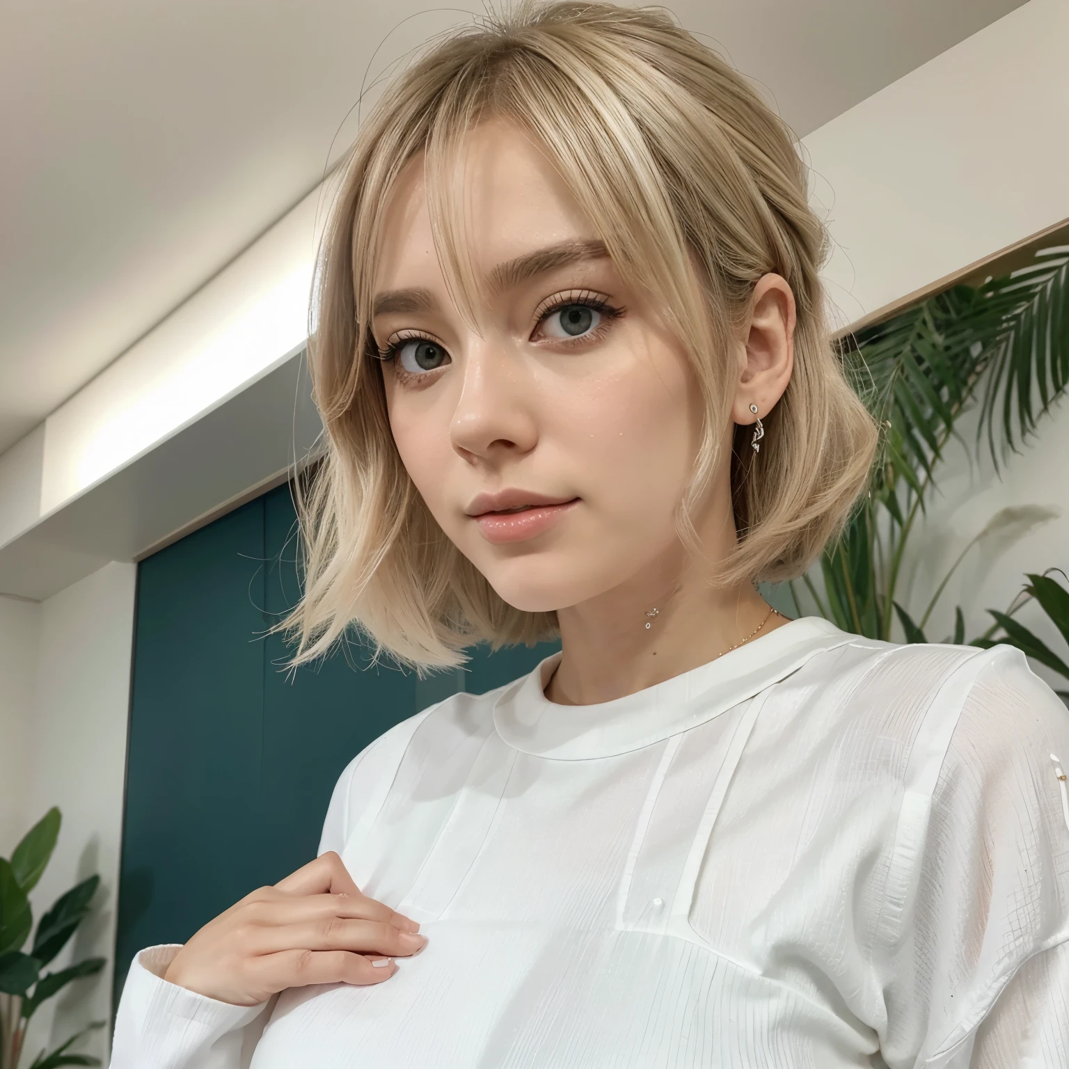 Painel anime realista, mulher alta, adulta, elegante, cabelo branco longo, olhos azuis claros, usando um vestido branco com detalhes dourado