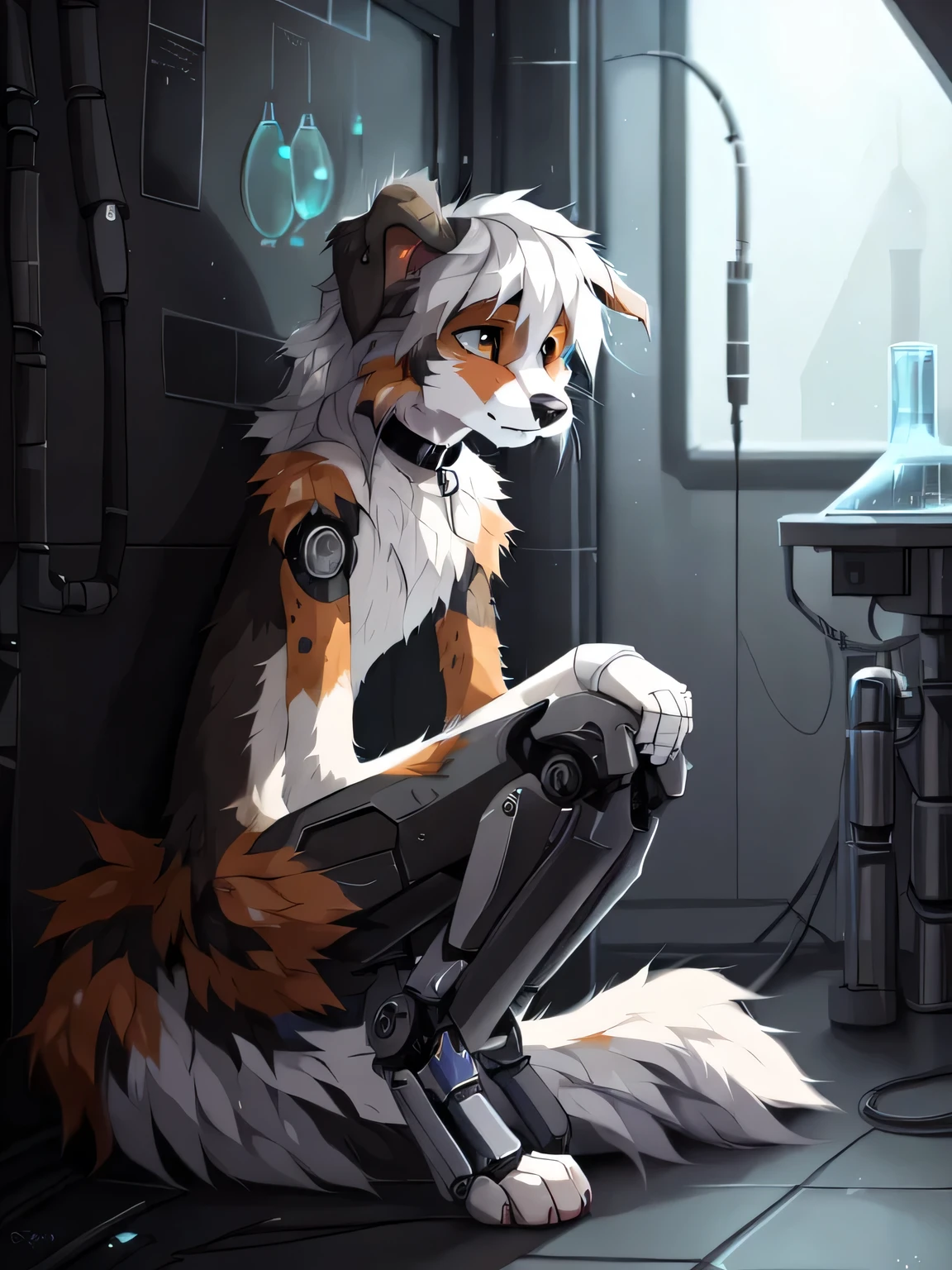 (8k, laboratory,) (((by Reysi))),((realistic details)) fine fur, long hair, alone, ((Australian Shepherd)), white hair, ((  teenager)), ((male)), ((thin)), (sad eyes, red face, nervous, trembling lines of movement, folded one ear, earring, choker, bandage), (behind the corner  look, look over shoulder, stoop, erotic), ((cybernetic legs, bent knees, cybernetic pelvis, short fluffy tail)), bare,