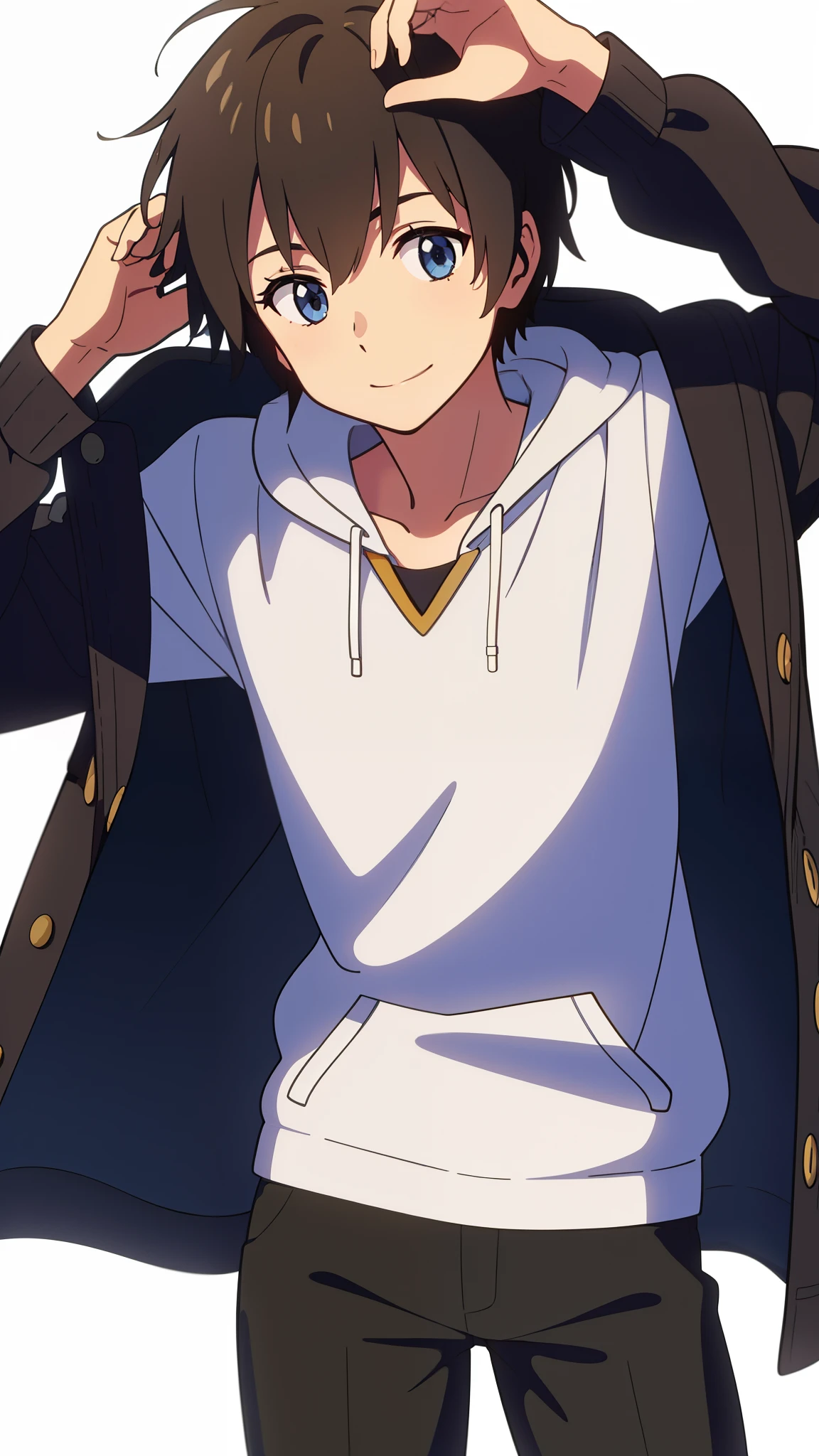 (masterpiece, best quality, high quality, highres, ultra-detailed), shinkai makoto, kimi no na wa., tachibana taki, 1boy, brown hair, blue eyes, hood, hoodie, shorts, male focus, solo, smile, sharp nose, looking at the viewer, white background