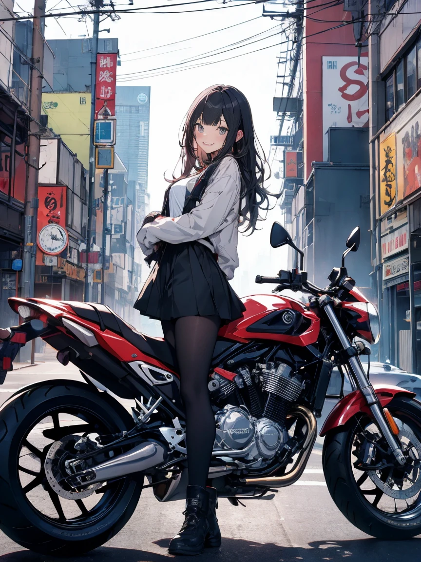 masterpiece, highest quality, High resolution, One Girl,old motorcycle、 alone, Girl with bangs、young woman、18-year-old、Long Hair、smile