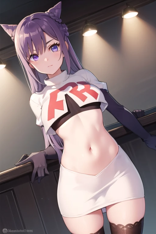 keqing, keqing, long hair, bangs, hair ornament, twintails, (purple eyes:1.1), purple hair, braid, hair bun, double bun, cone hair bun,
BREAK team rocket,team rocket uniform,white skirt,red letter R,crop top,black thigh-highs,black elbow gloves,
BREAK looking at viewer, (cowboy shot:1.5),
BREAK (masterpiece:1.2), best quality, high resolution, unity 8k wallpaper, (illustration:0.8), (beautiful detailed eyes:1.6), extremely detailed face, perfect lighting, extremely detailed CG, (perfect hands, perfect anatomy),