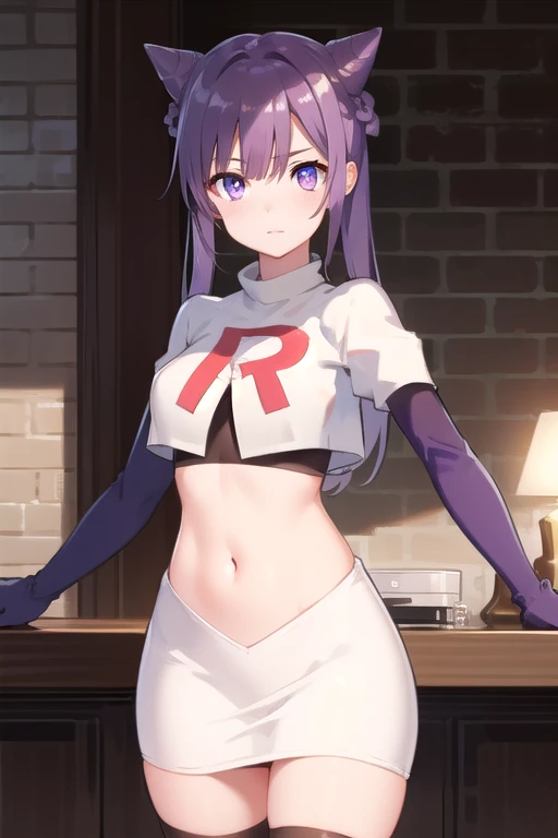 keqing, keqing, long hair, bangs, hair ornament, twintails, (purple eyes:1.1), purple hair, braid, hair bun, double bun, cone hair bun,
BREAK team rocket,team rocket uniform,white skirt,red letter R,crop top,black thigh-highs,black elbow gloves,
BREAK looking at viewer, (cowboy shot:1.5),
BREAK (masterpiece:1.2), best quality, high resolution, unity 8k wallpaper, (illustration:0.8), (beautiful detailed eyes:1.6), extremely detailed face, perfect lighting, extremely detailed CG, (perfect hands, perfect anatomy),