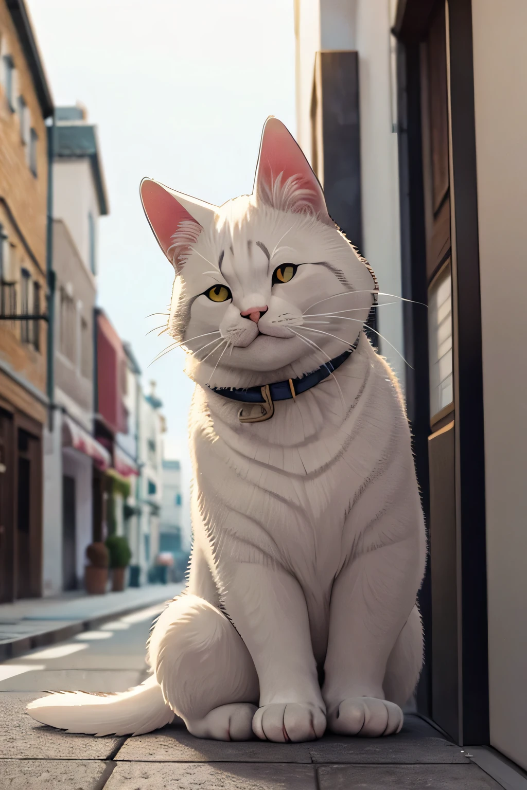  A little fat white dog，Hiding next to gray mother cat sucking milk，On the street without anyone，Gray sky，dog looks content，The cat licks the dog&#39;s head lovingly，HD photo
