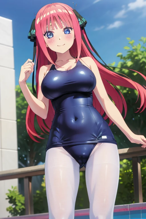best quality, ultra-detailed masterpiece, anime art style, cute character, nino nakano, large breasts, blush, smile, one-piece swimsuit, pantyhose, open legs,breasts focus