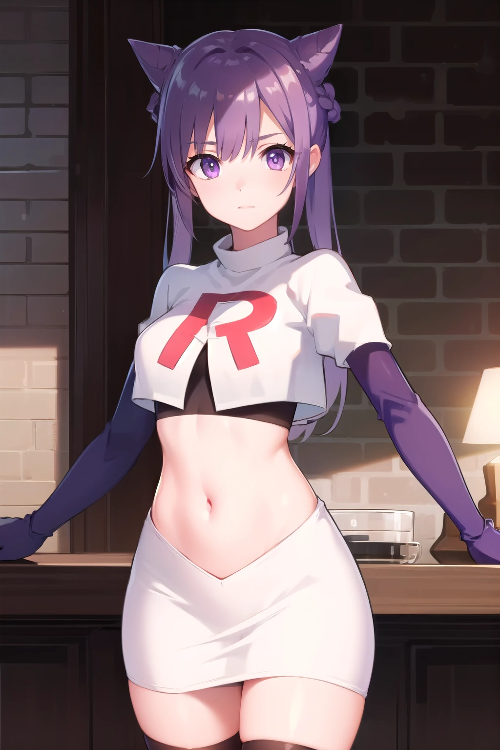 keqing, keqing, long hair, bangs, hair ornament, twintails, (purple eyes:1.1), purple hair, braid, hair bun, double bun, cone hair bun,
BREAK team rocket,team rocket uniform,white skirt,red letter R,crop top,black thigh-highs,black elbow gloves,
BREAK looking at viewer, (cowboy shot:1.5),
BREAK (masterpiece:1.2), best quality, high resolution, unity 8k wallpaper, (illustration:0.8), (beautiful detailed eyes:1.6), extremely detailed face, perfect lighting, extremely detailed CG, (perfect hands, perfect anatomy),