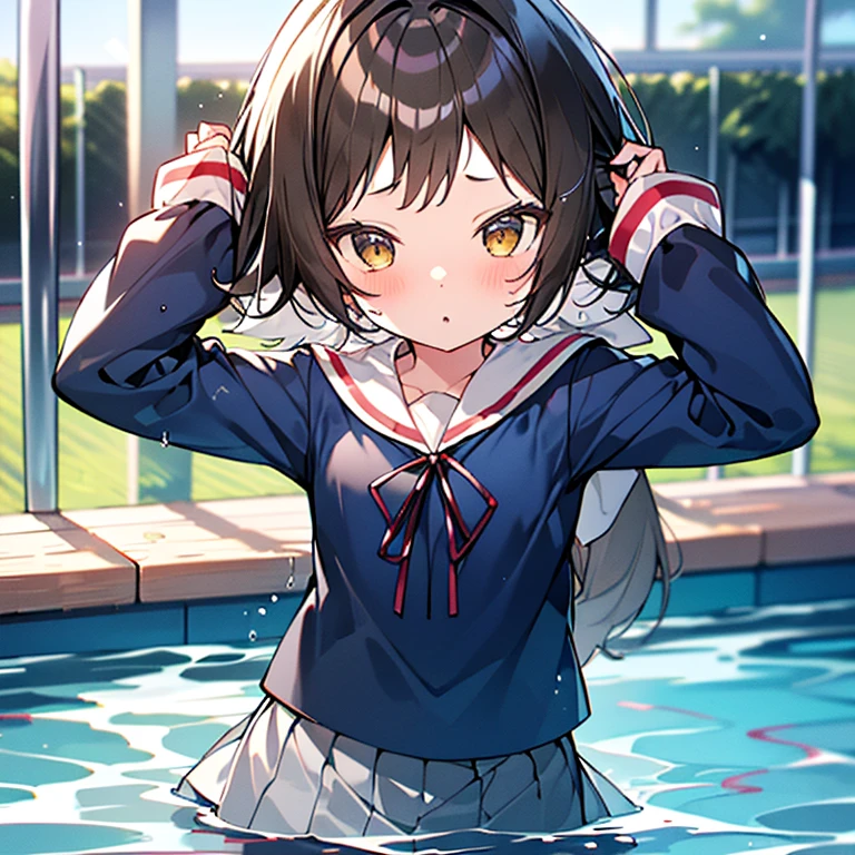 1 girl、mashiromitsumine, mashiro mitsumine, (Brown eyes:1.5), Brown Hair, ponytail, (Flat Chest:1.2), break grey skirt, Long sleeve, neck ribbon, red ribbon, ribbon, Sailor collar, skirt, white Sailor collar, (Blue Shirt:1.5), break looking at viewer, (whole body), break indoors, School swimming pool, (Lots of water)、Wet、((((skirtを引っ張る))))、(skirtが水面に広がります)、(Completely flooded)、whole bodyが水に浸かる、(((Transparent pool)))、swim、break (masterpiece:1.2), highest quality, High resolution, unity 8k wallpaper, (shape:0.8), Highly detailed face, Perfect lighting, Extremely detailed CG、(panty flashing)、(skirt全開)、ロングワイドskirt、cute、blush、Watery eye