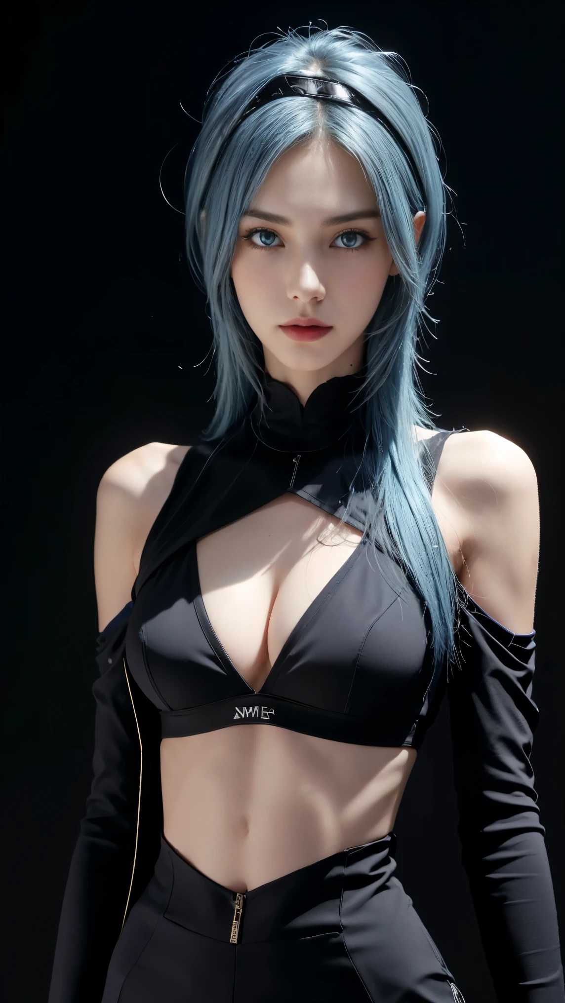 8K, Top Quality, Intricate Details, Ultra Detail, Ultra High Resolution, Masterpiece, close up shot, (full body: 1.1), Slender, Smile, (Makeup: 0.4), (Fluffy Blue Eyes: 1.21), (()), 1girl, solo, 1 girl, ((blue hair, bangs)), close up shot, , ((tall)), (((fit body))), (((slim face))), sharp face, (()) ,(detailed face), sharp face, small lips, , , ,
((,ninja)), , ((,)), detailed face, , Narrow Waist, Skinny, tall , 175 cm tall, Muscular, Navel, Exposed Abdomen, Pointed Chest,, Beautiful girl with accentuated slender abs: 1.4, Six Pack Abs: 1.4, Bust Botox, Big, Perfect Body, detail leg, (( dark background)), black background,