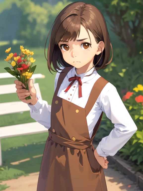 1girl, standing upright, medium brown hair, brown eyes, closed mouth, small breasts, flat chest, , pinafore dress,