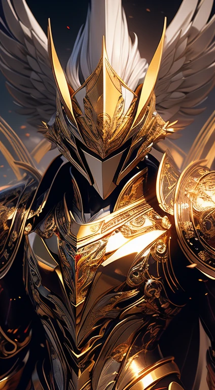 A man, silver hair, gold Eagle knight, fine armor, intricate design, red details, silk, cinematic lighting, 4k, floating hair, sharp, prism, shining knight