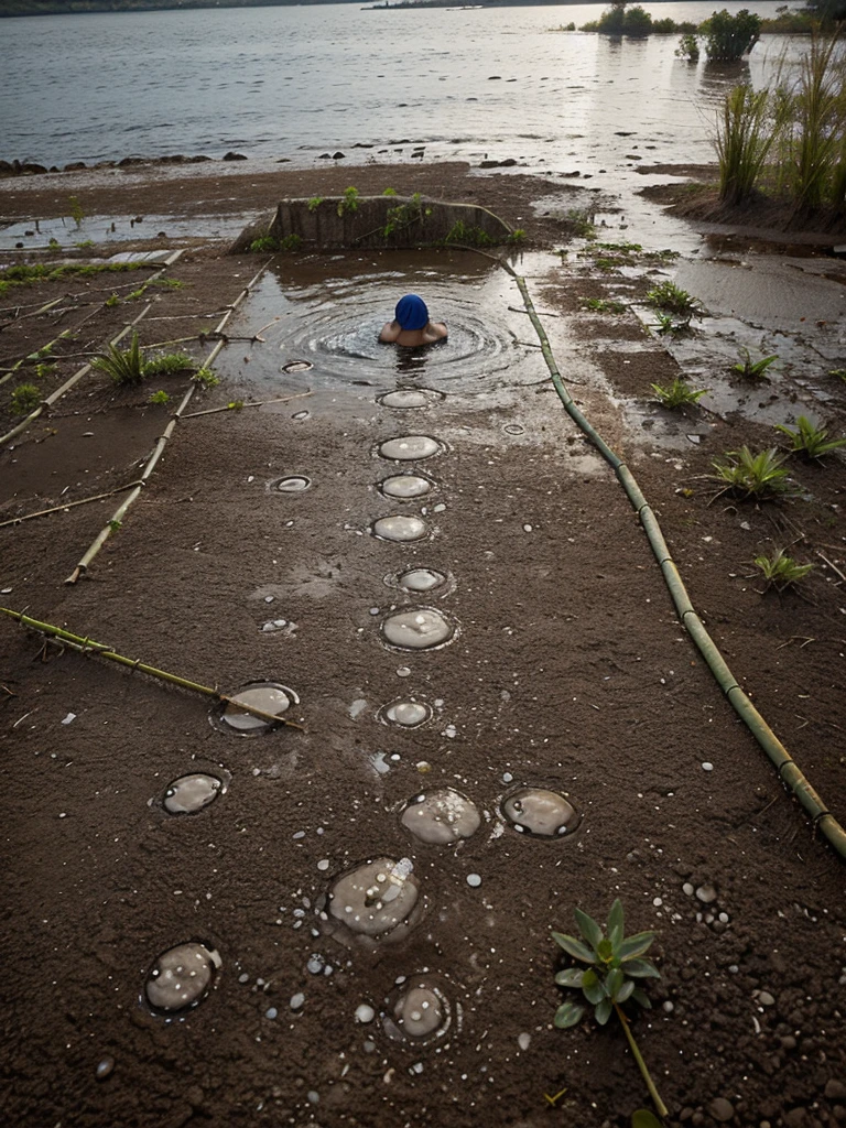 En el suelo lleno de agua llueve mucho, las gotas de agua salpican con fuerza hacia arriba formando una planta de agua