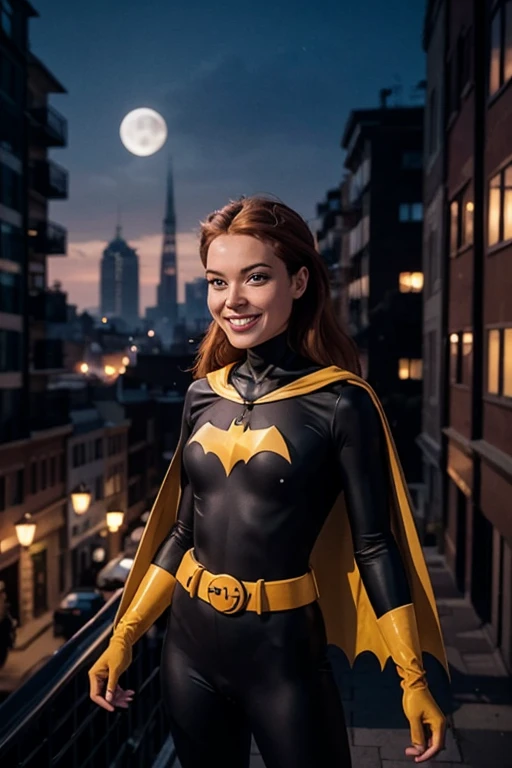 babs, red hair, blue eyes, black bodysuit, belt, cape, gloves, looking at viewer, smiling, happy, 
outside, apartment roof, cityscape, night, moon, extreme detail, hdr, beautiful quality,   