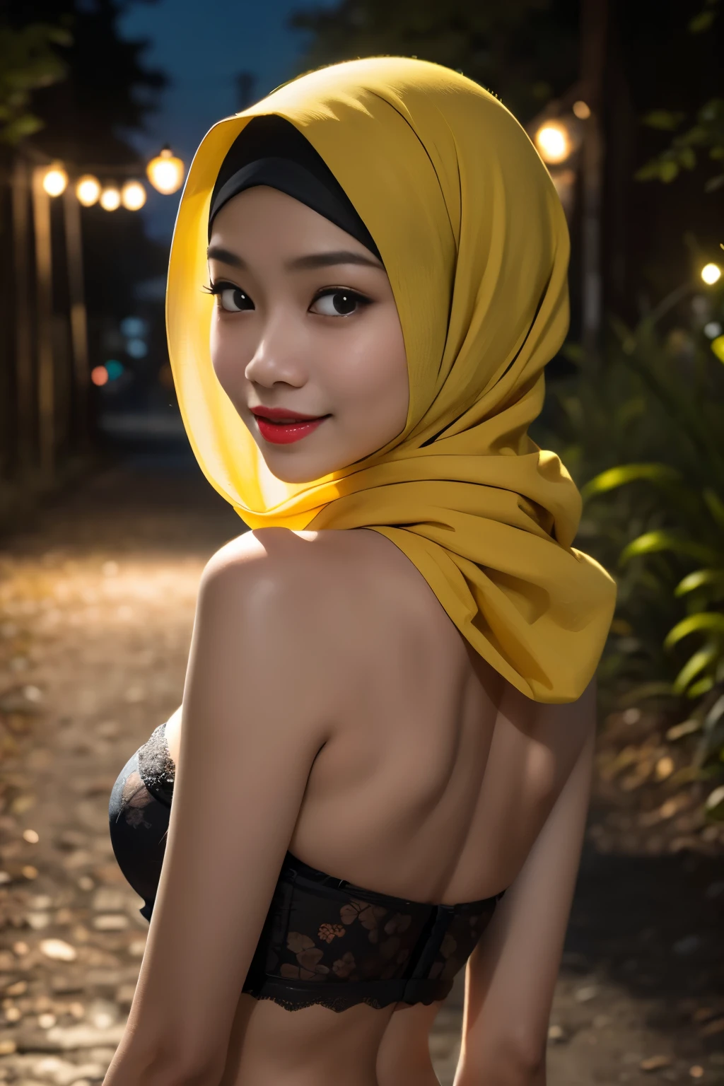 Lace, (Happy smile), (((HIJAB MALAY GIRL))), masutepiece, High quality, UHD 32K, Realistic face, Realistic skin feeling , A Japanese Lady, 8 years old, , Very cute and baby-like face, (((FLAT CHEST))), (Night time at forest), ((look In front  at the camera and SADNESS)), (((FLUORESCENCE))), (((CUTE GIRL))), ((YELLOW LIPS)), ((Floral Pattern)) little wearing strapless bra, strapless colorful bra, dark night horror scary place (from behind up) seductive pose