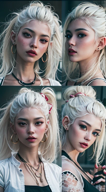 The prompts for the first theme are as follows:
"(Best Quality, 8K, 32K, masutepiece:1.3), Ultra-detailed, (Photorealistic:1.4), white colors, albino, Punk Girl, Detailed eyes, Upper body, Luxurious punk hair, Edgy punk fashion, Avant-garde makeup, Numerous piercings, Heavily tattooed body, Street background, Backlight effect, Shallow depth of field, Blurry background"