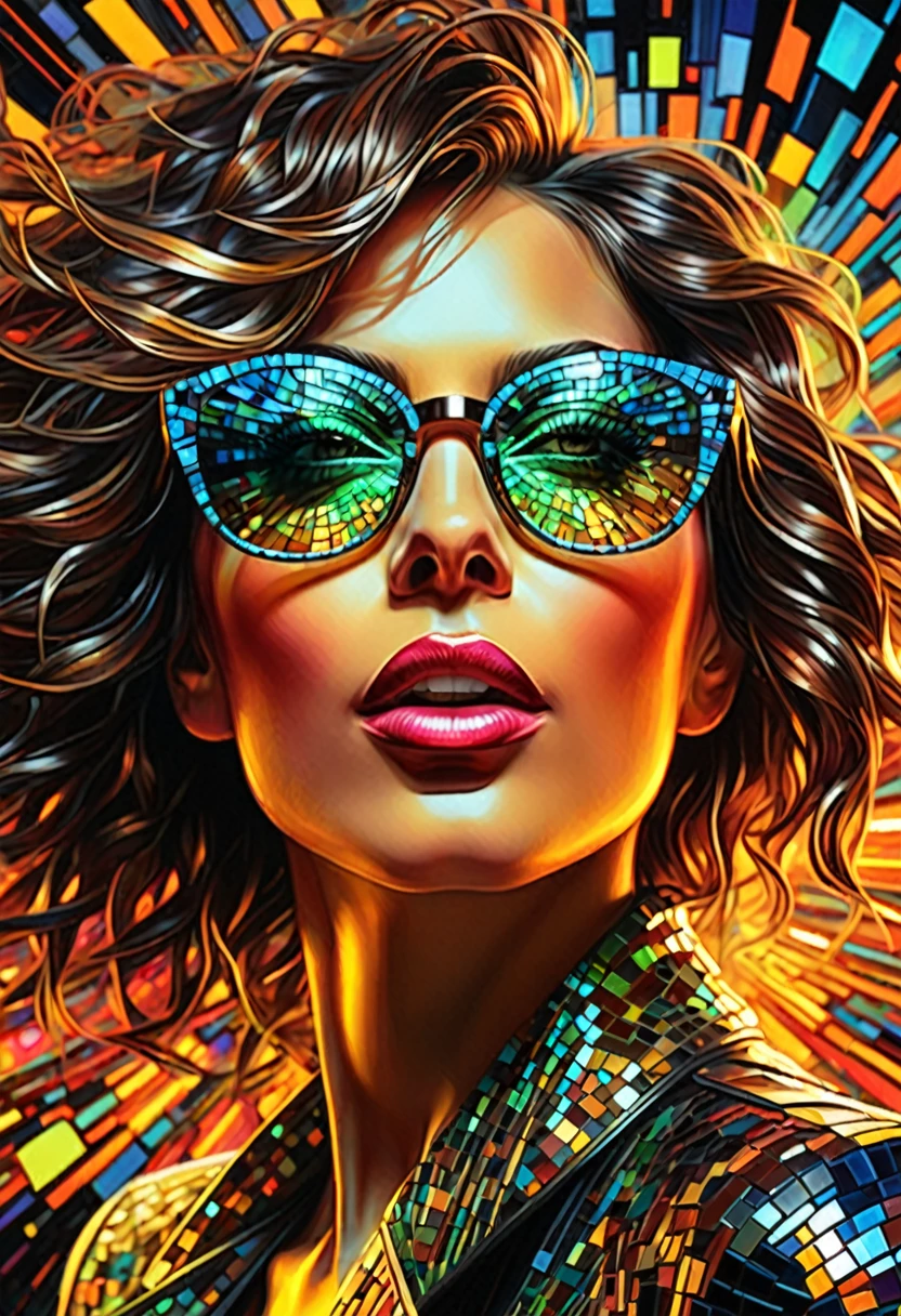 “A mosaic face collage of women wearing glasses, in the style of Andrew Atroshenko, Peter Gric, in neon colors official art, best quality, highly detailed, dynamic, shiny, metallic, energy waves, explosions, lights.”