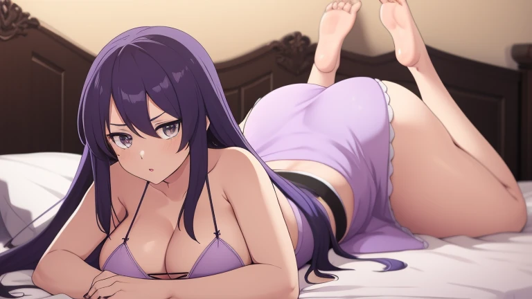 Bigboobs,long purple hair,nightie,stocking,thicc tigh,concern,anime girl,huge ass,look at viewer,lying on bed,