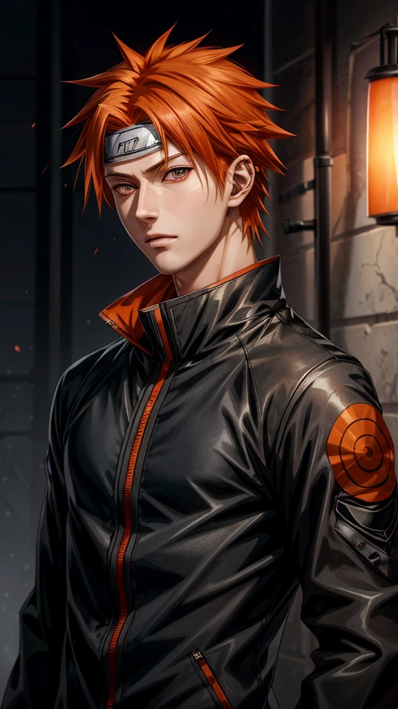 (Realistic, photoRealistic), (Delicate eyes and face), volumatic light, Ray tracing, the Extremely Detailed CG Unity, Detail hair, 1 male, Yahiko from the anime Naruto, short hair , Orange Hair, Iris, good looking, Black clothes, Realistic clothes, Clothing Details,, Super detailed, Realistic