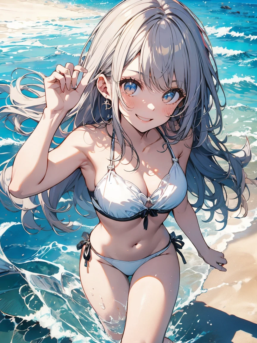 highest quality、Complete limbs、Full Finger、goddes、god、Slender beauty、Straight hair、Long Hair、Knee-length、Swimwear、White Bikini、Sandy Beach、smile、Be excited、young woman、Raise one hand
