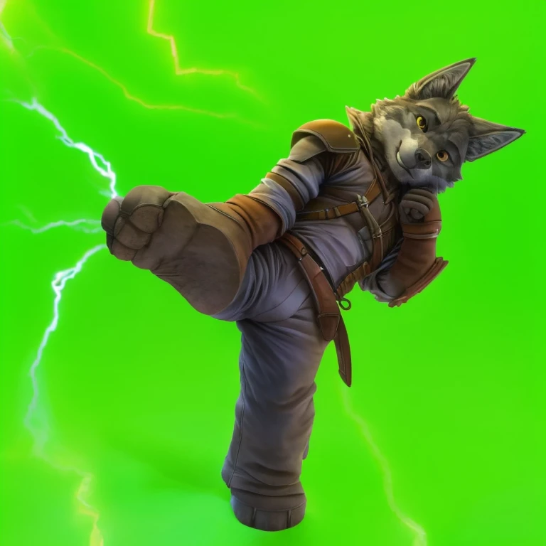 Grey wolf anthro, kicking pose, fighting combat pose, hand close to face, fett close up, high quality, hd quality, good lightning, good shading, big feet in the front close up