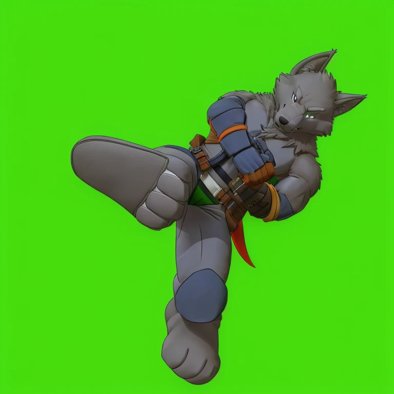 Grey wolf anthro, kicking pose, fighting combat pose, hand close to face, fett close up, high quality, hd quality, good lightning, good shading, big feet in the front close up