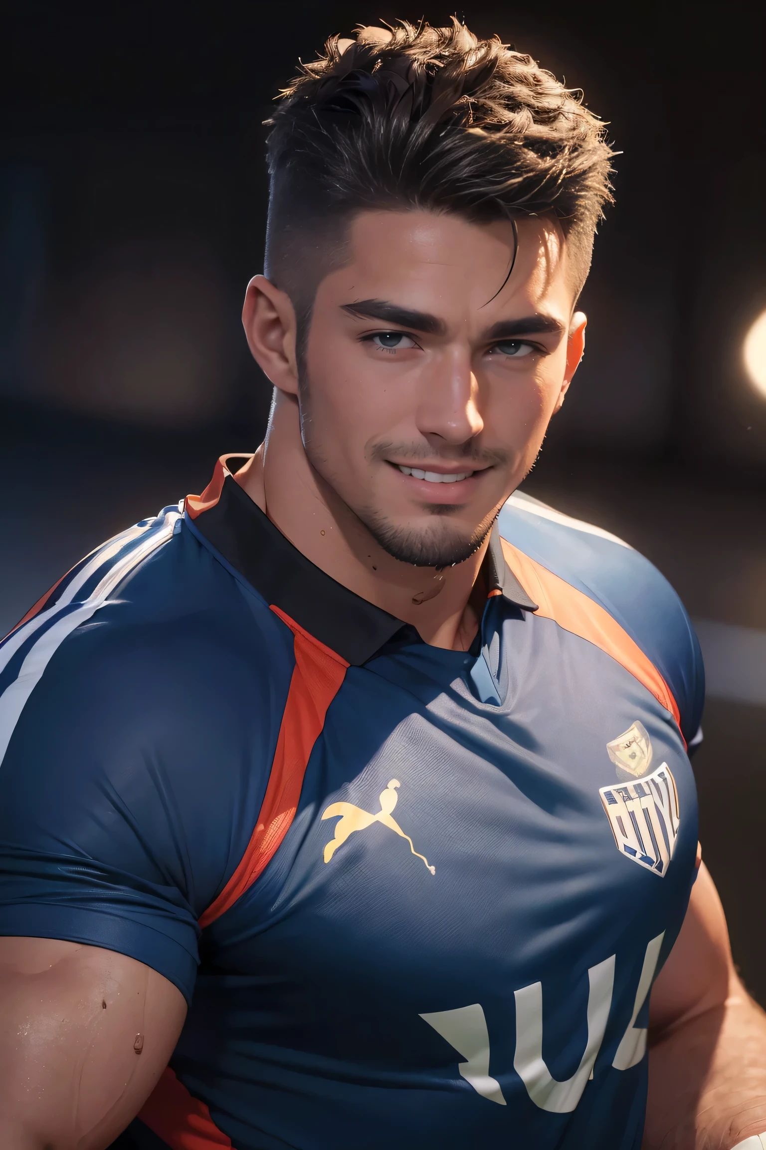 ((Masterpiece, Super Hi-Res, Highly Detailed, 8k)), ((Sexy Guy: 1.5)), American, goatee, short hair, approx. 30, handsome, ((Soccer players' uniforms, makes viewer erotic smile : 1.2)), muscles, skinny, excited, gay erotic,. Sexy Raised, upper body, close up,