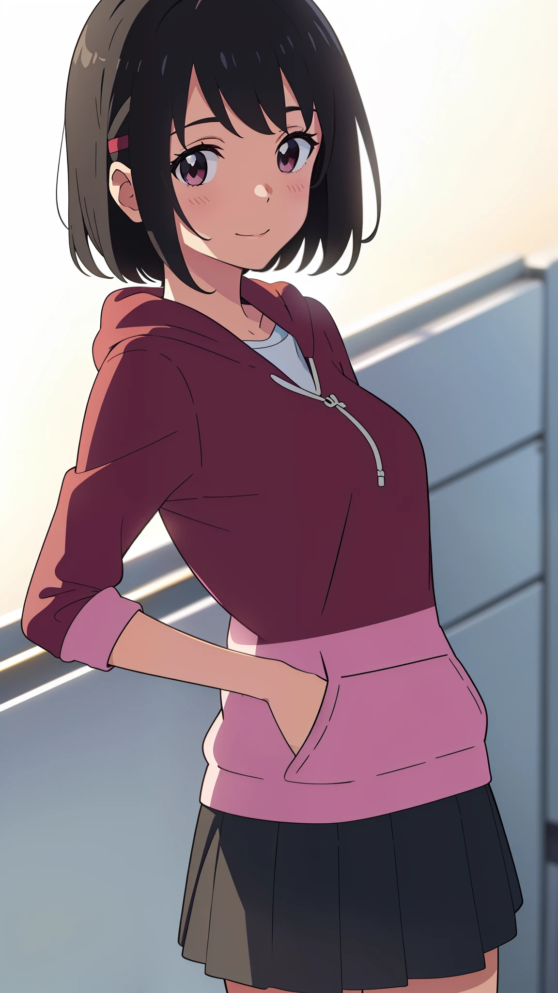 (masterpiece, best quality, high quality, highres, ultra-detailed), shinkai makoto, kimi no na wa., 1girl, bangs, black hair, short hair, blush, bright eyes, brown eyes, shinny skin, red headband, red ribbon, hood, hoodie, skirt, medium breasts, solo, cute, smile, looking at the viewer, white background