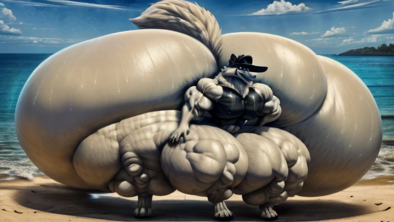4k, high resolution, best quality, perfect lightning, perfect, solo, anthro, young, boy,white wolf:2.0, furry body, (fluffy mane:1.2), fluffy tail, male, adult, (bulky2:0, thick muscles2:0, huge muscles:2.0, hyper muscles:2.0), (thick biceps, veiny biceps, broad shoulders:2.0), (thick legs, thick calves:1.1), (digitigrade legs, 4 toes:1.2), perfect colors, (photorealistic fur, detailed fur, epic, masterpiece), (suggestive posing:1.2), (seductive smile, lustful grin 1.3), detailed beach,detailed wolf eyes:2.0, by k0suna, by darkgem,nipple ring,hyper arms:2.0,veins,white body,white fur,hyper butt:2.0,hyper paws:2.0,standing,thick legs,thick butts:2.0,sweat body:2.0,massive butt:2.0,black hat,hyper ass:2.0,huge ass,long legs,juicy butt:2.0