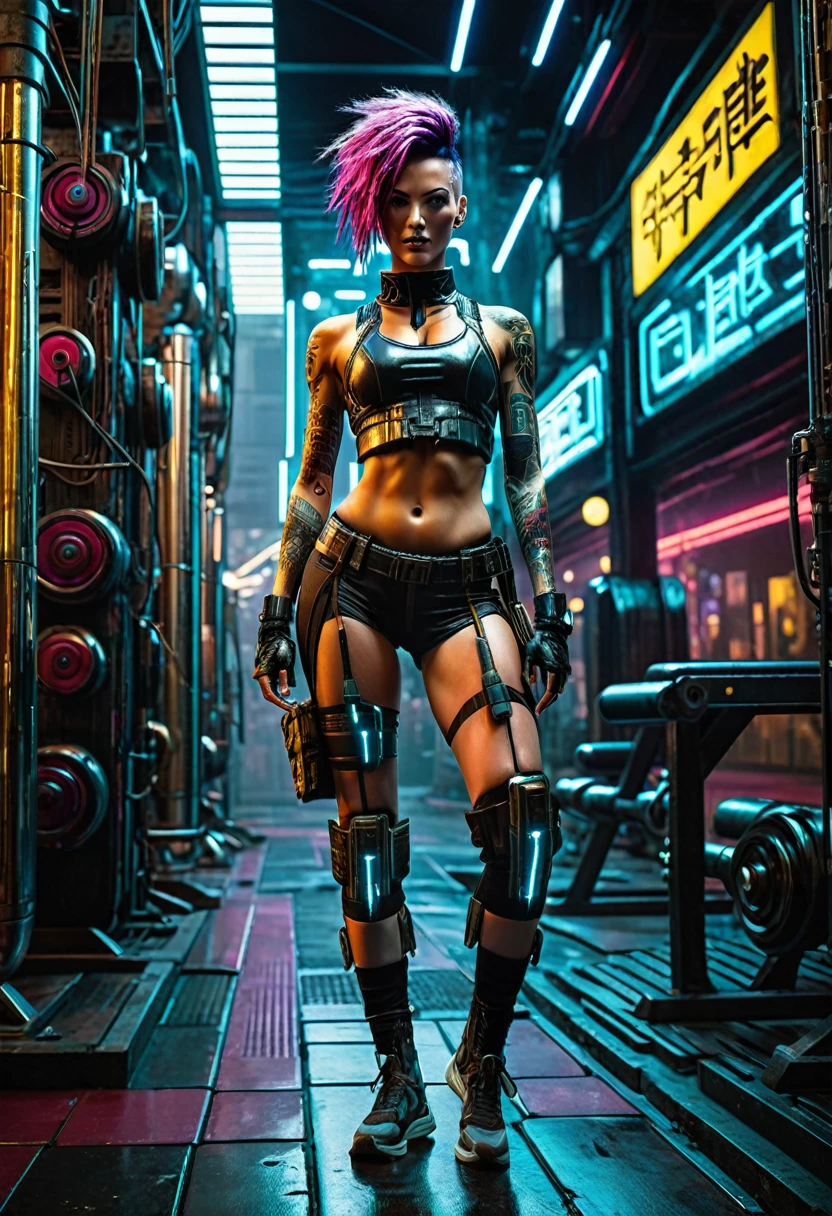 wide angle action shot of a beautiful cyberpunk android, gym instructor body, in a cyberpunk city, highly textured, highly detailed, highly realistic cyberpunk 2077, steampunk elements, dark art, ethereal art, dramatic lighting, cyberpunk environment –v 4