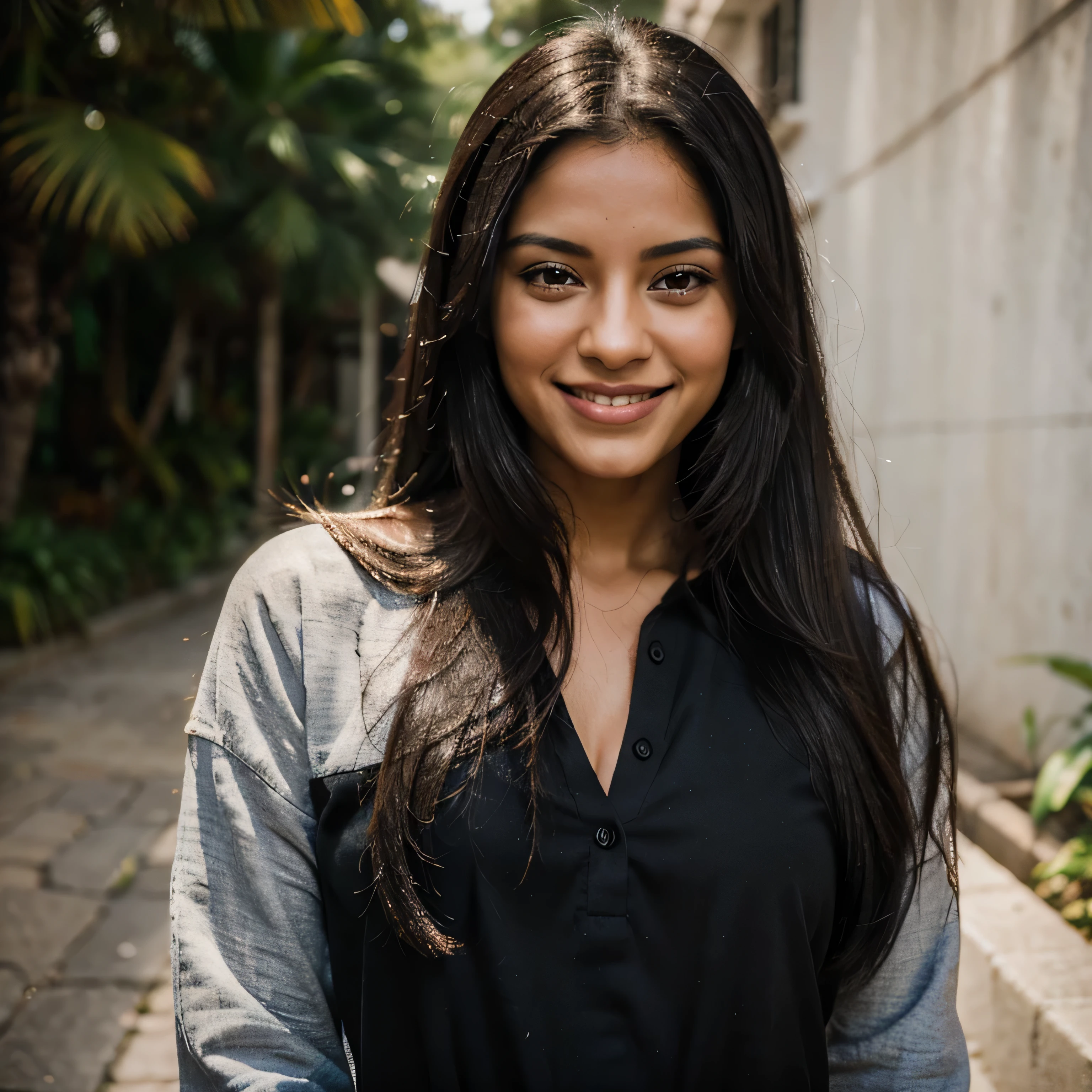 photography of Latina 30 years old, black long hair, perfect smiley face,