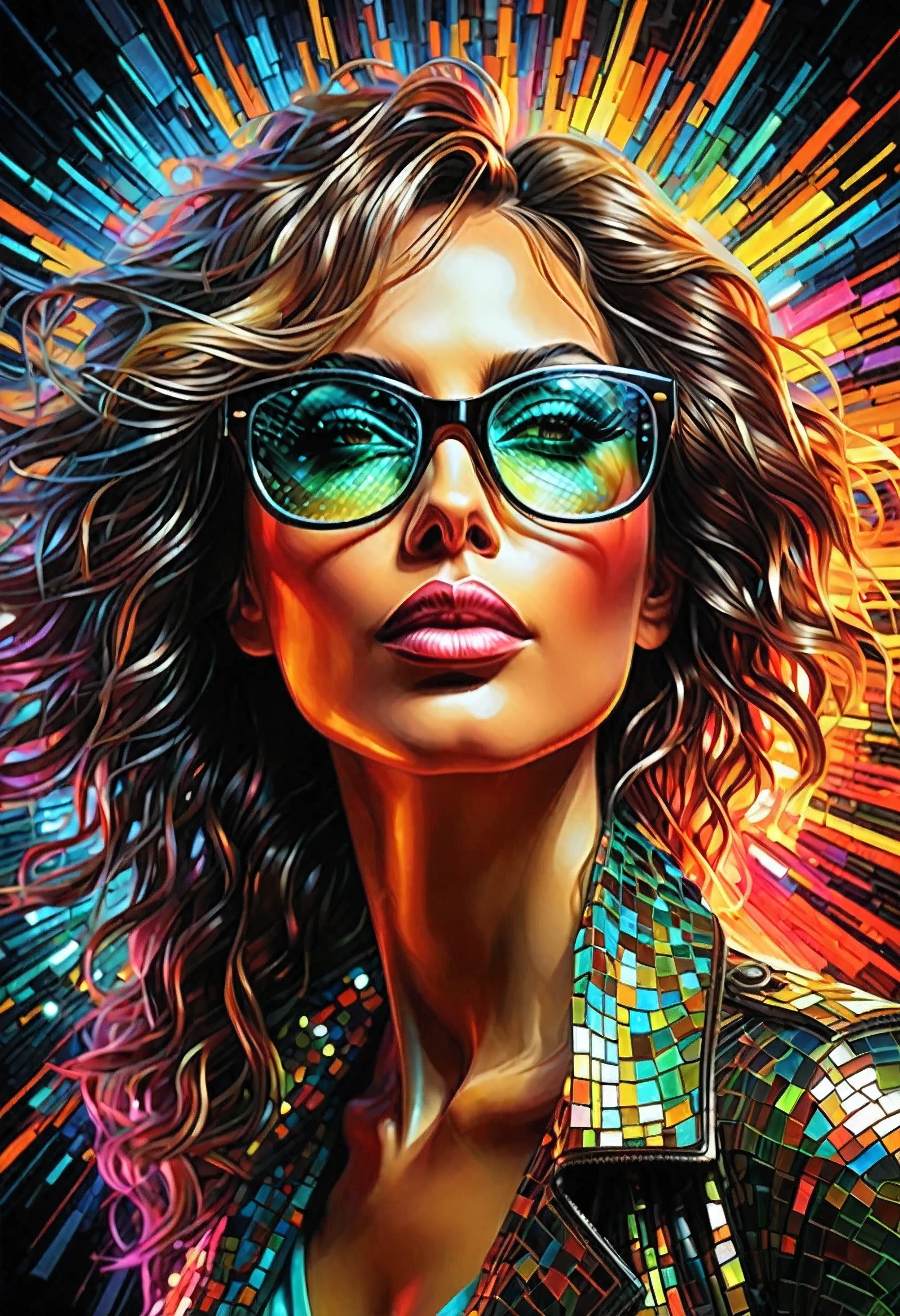 “A mosaic face collage of women wearing glasses, in the style of Andrew Atroshenko, Peter Gric, in neon colors official art, best quality, highly detailed, dynamic, shiny, metallic, energy waves, explosions, lights.”