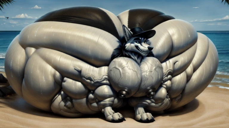 4k, high resolution, best quality, perfect lightning, perfect, solo, anthro, young, boy,white wolf:2.0, furry body, (fluffy mane:1.2), fluffy tail, male, adult, (bulky2:0, thick muscles2:0, huge muscles:2.0, hyper muscles:2.0), (thick biceps, veiny biceps, broad shoulders:2.0), (thick legs, thick calves:1.1), (digitigrade legs, 4 toes:1.2), perfect colors, (photorealistic fur, detailed fur, epic, masterpiece), (suggestive posing:1.2), (seductive smile, lustful grin 1.3), detailed beach,detailed wolf eyes:2.0, by k0suna, by darkgem,nipple ring,hyper arms:2.0,veins,white body,white fur,hyper butt:2.0,hyper paws:2.0,standing,thick legs,thick butts:2.0,sweat body:2.0,massive butt:2.0,black hat,hyper ass:2.0,huge ass,long legs,juicy butt:2.0