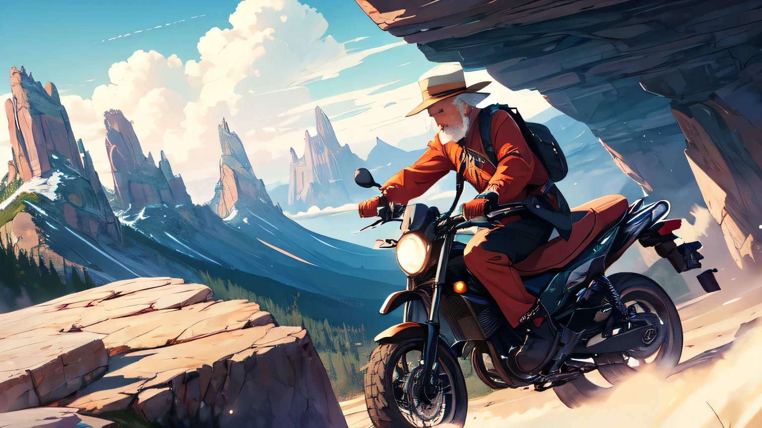 gyaru girl riding on a cloud, an old man, close-up, detailed Oriental costume, dynamic pose, dutch angle, pointed rocky mountains, unexplored land, fog, ink painting style
