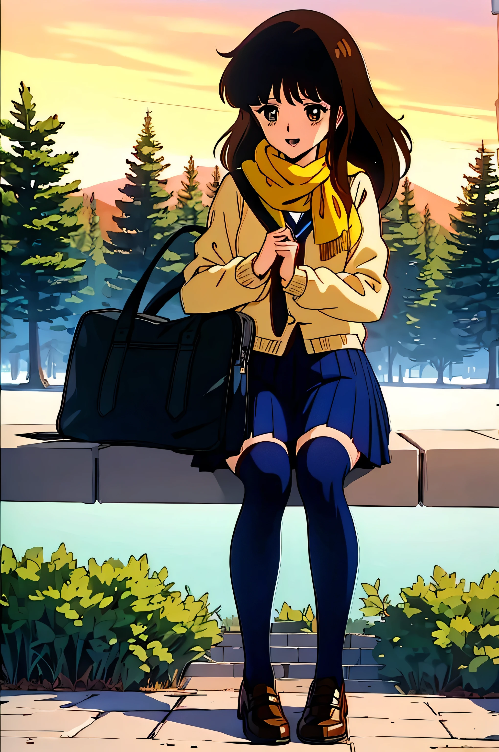 (Masterpiece Anime, One, Retro art style, Clean brush strokes, Very detailed, Perfect Anatomy, Browsing Caution), winter park background, Cobblestones, Dead trees, Dead leaves are dancing, (Full Body Shot), (cream_ami), １Girl, Eyebrows visible through hair, bangs, Dark brown hair, Long Hair, brown eyes, (Sansakumaru:1.4), (Beautiful and detailed:1.2), Open your mouth a little, smile, (Sitting), (Over the , Navy blue), (School uniform skirt, Navy blue), (Wearing a yellow scarf), (Petting a puppy), Leather student bag,