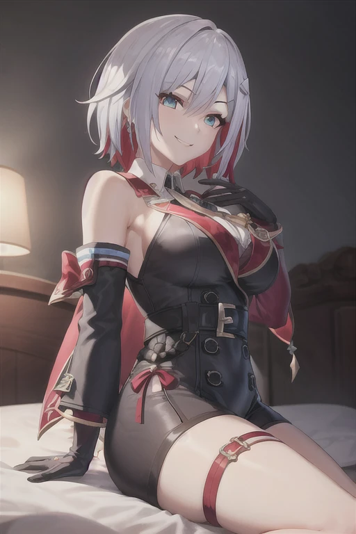 1girl, topaz \(honkai: star rail\), solo, black gloves, thigh strap, hair ornament, unitard, detached sleeves, badge, side cape, belt, cowboy shot, bedroom, depth of field, sitting on side of the bed, reclining, arm support, gasping, ecstasy, seductive smile, masterpiece, large breasts, thights, ass shape,