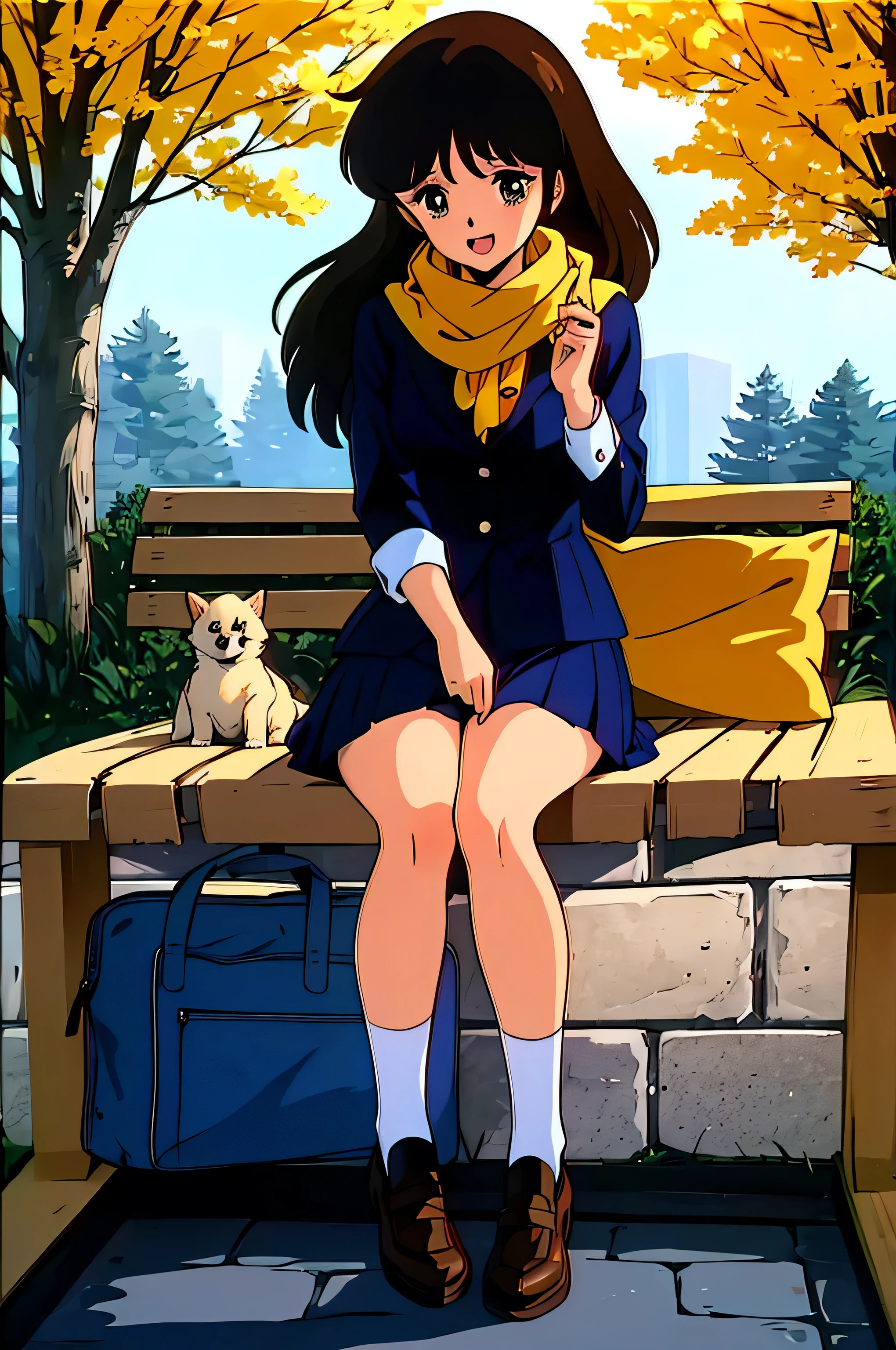 (Masterpiece Anime, One, Retro art style, Clean brush strokes, Very detailed, Perfect Anatomy, Browsing Caution), winter park background, Cobblestones, Dead trees, Dead leaves are dancing, (Full Body Shot), (cream_ami), １Girl, Eyebrows visible through hair, bangs, Dark brown hair, Long Hair, brown eyes, (Sansakumaru:1.4), (Beautiful and detailed:1.2), Open your mouth a little, smile, (Sitting), (Over the , Navy blue), (School uniform skirt, Navy blue), (Wearing a yellow scarf), (Petting a puppy), Leather student bag,