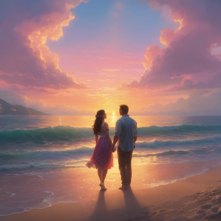 romantic scene, Couple facing each other, Sunset in the background, At the Beach, Fantastic fantasy, Ultra-detailed mist, Thomas Kinkade, 8K resolution concept art by Greg Rutkowski, ArtJam, Wow, Dynamic Lighting, Ultra-detailed, Exquisitely crafted, splash, 3 colours, Unreal Engine 5 Volumetric Lighting