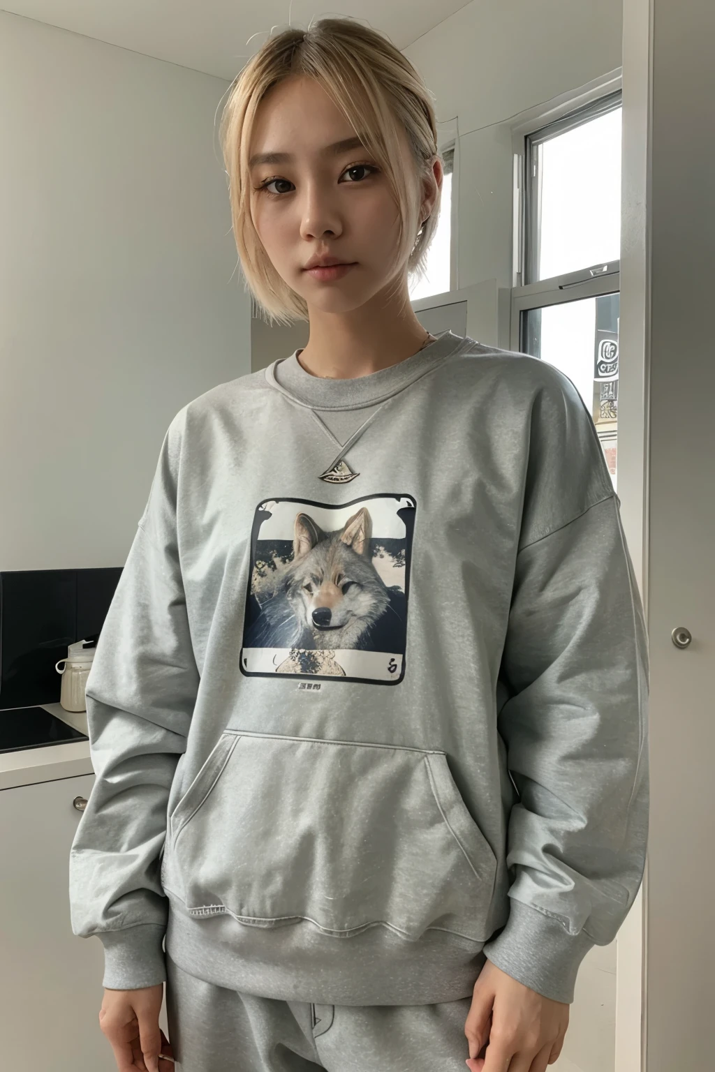 Pretty Korean Girl , Ash Blonde Hair , Wolf Cut ,  , Sweatshirt , Baggy
