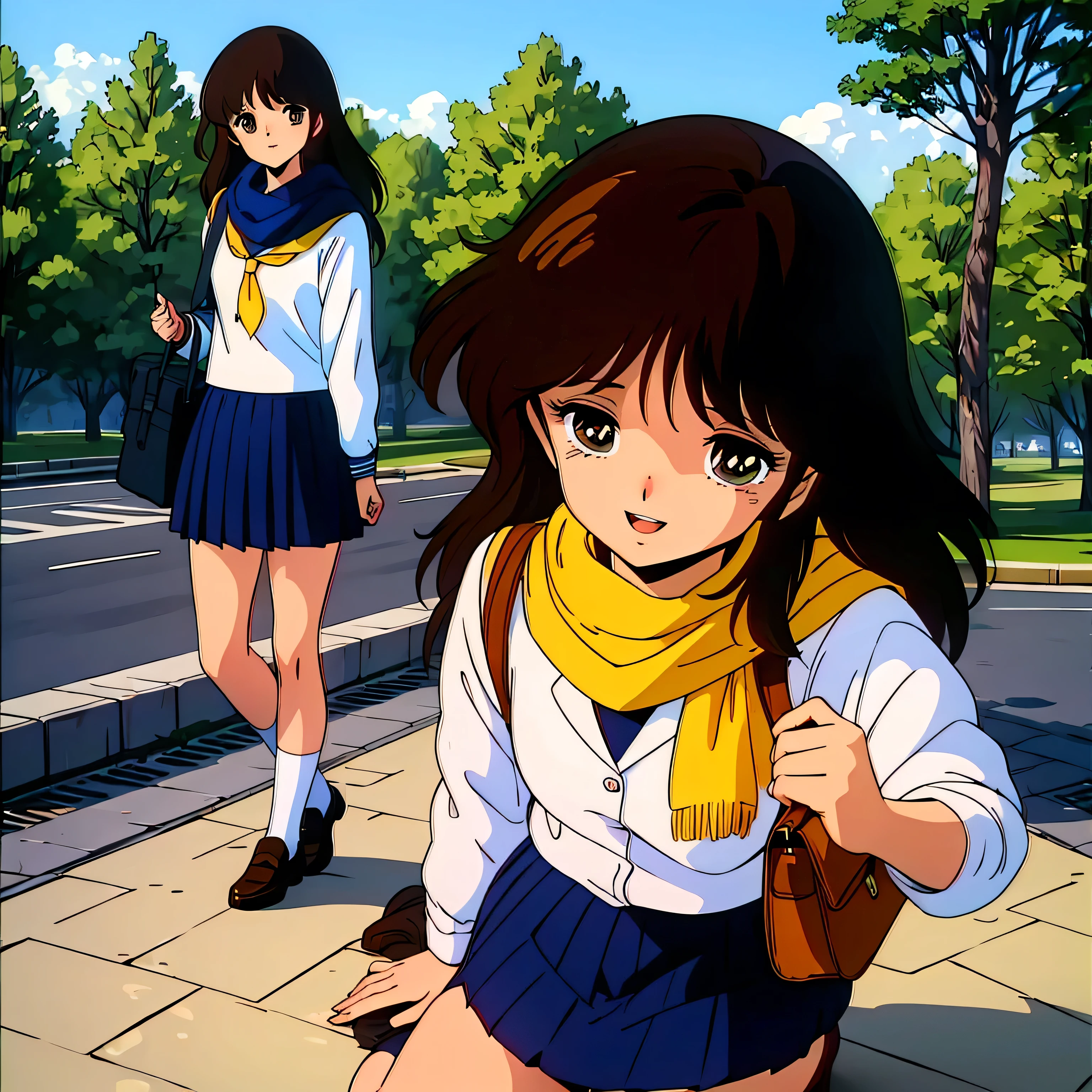 (Masterpiece Anime, One, Retro art style, Clean brush strokes, Very detailed, Perfect Anatomy, Browsing Caution), winter park background, Cobblestones, Dead trees, Dead leaves are dancing, (Full Body Shot), (cream_ami), １Girl, Eyebrows visible through hair, bangs, Dark brown hair, Long Hair, brown eyes, (Sansakumaru:1.4), (Beautiful and detailed:1.2), Open your mouth a little, smile, (Sitting), (Over the , Navy blue), (School uniform skirt, Navy blue), (Wearing a yellow scarf), (Petting a puppy), Leather student bag,