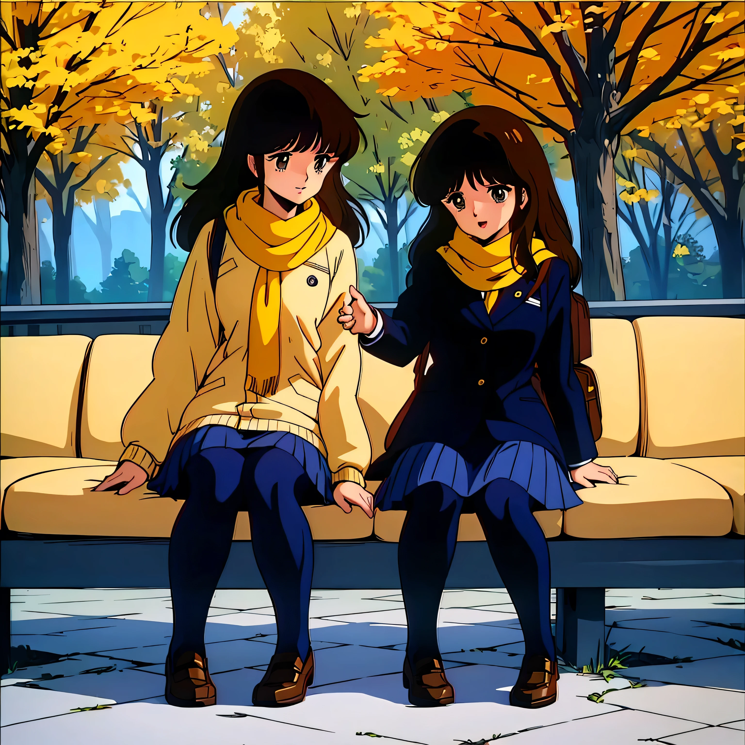 (Masterpiece Anime, One, Retro art style, Clean brush strokes, Very detailed, Perfect Anatomy, Browsing Caution), winter park background, Cobblestones, Dead trees, Dead leaves are dancing, (Full Body Shot), (cream_ami), １Girl, Eyebrows visible through hair, bangs, Dark brown hair, Long Hair, brown eyes, (Sansakumaru:1.4), (Beautiful and detailed:1.2), Open your mouth a little, smile, (Sitting), (Over the , Navy blue), (School uniform skirt, Navy blue), (Wearing a yellow scarf), (Petting a puppy), Leather student bag,