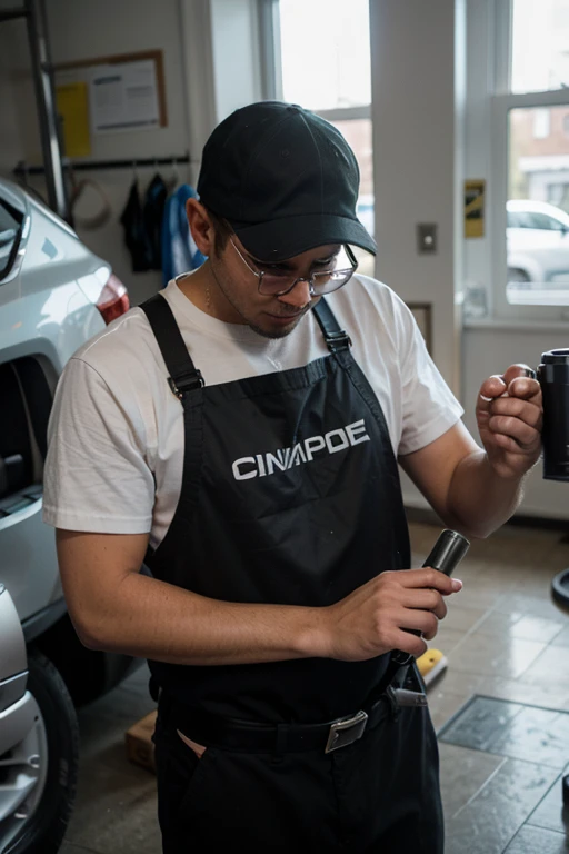 photograph of a man in cap and glasses installing window tinting on a car with tools