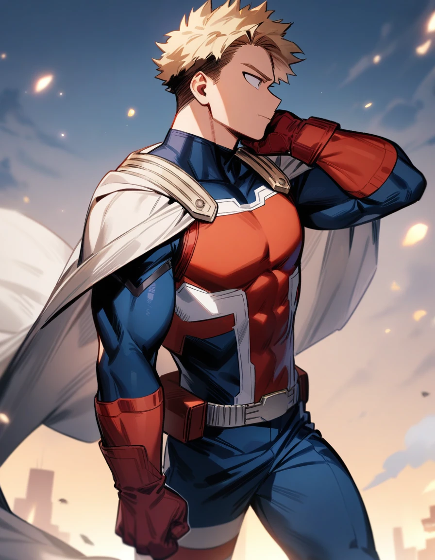 One boy, male focus, brown and blond hair, boku no hero academia, masterpiece, best quality, very aesthetic, captain America suit, cape