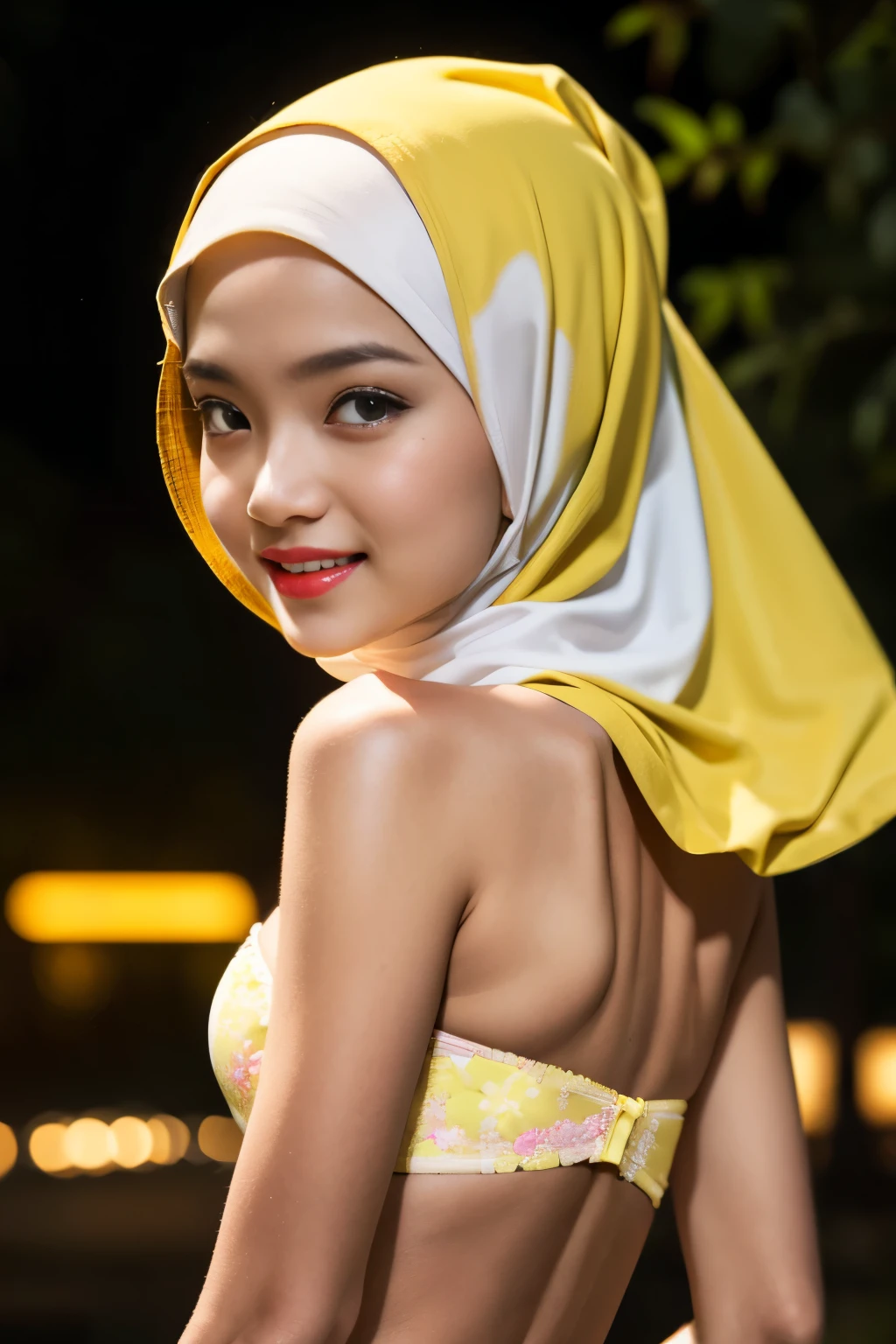 Lace, (Happy smile), (((HIJAB MALAY GIRL))), masutepiece, High quality, UHD 32K, Realistic face, Realistic skin feeling , A Japanese Lady, 8 years old, , Very cute and baby-like face, (((FLAT CHEST))), (Night time at forest), ((look In front  at the camera and SADNESS)), (((FLUORESCENCE))), (((CUTE GIRL))), ((YELLOW LIPS)), ((Floral Pattern)) little wearing strapless bra, strapless colorful bra, dark night horror scary place (from behind up) seductive pose