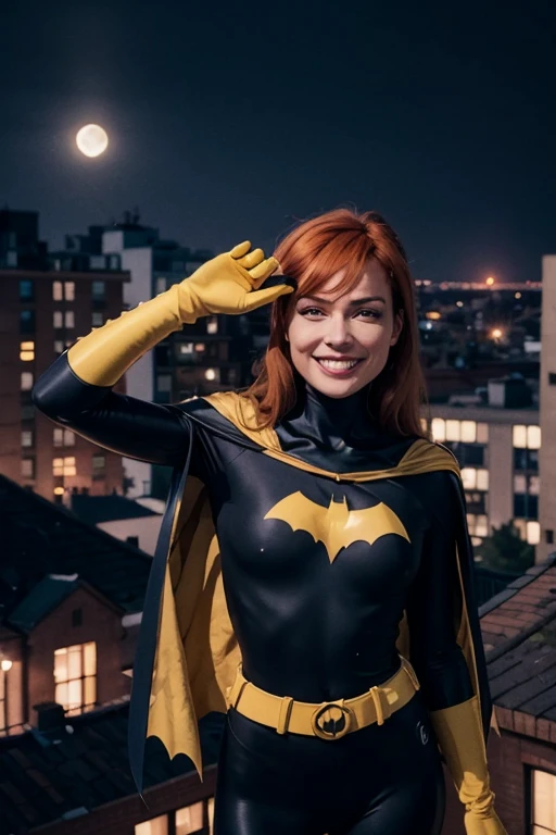 babs, red hair, blue eyes, black bodysuit, belt, cape, gloves, looking at viewer, smiling, happy, 
outside, apartment roof, cityscape, night, moon, extreme detail, hdr, beautiful quality,   