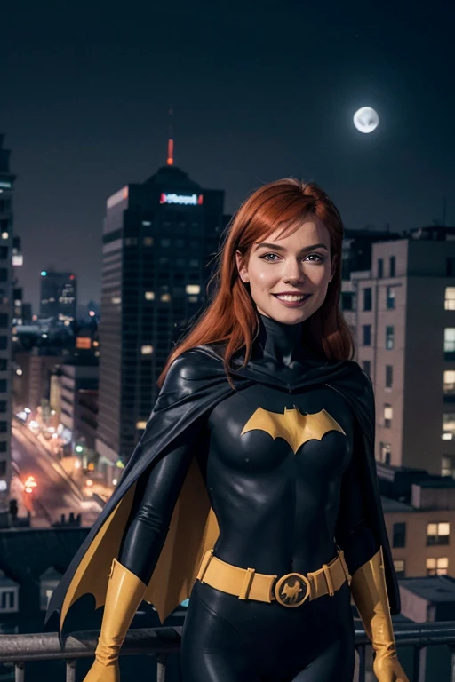 babs, red hair, blue eyes, black bodysuit, belt, cape, gloves, looking at viewer, smiling, happy,
outside, apartment roof, cityscape, night, moon, extreme detail, hdr, beautiful quality,