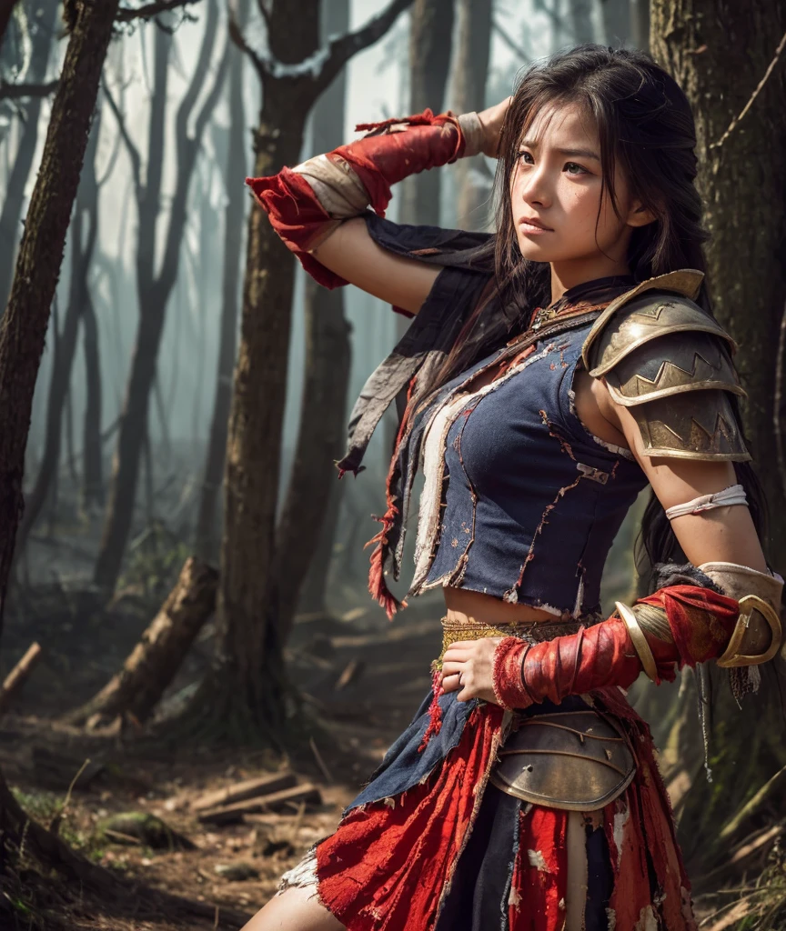 A beautiful girl warrior is defeated by the enemy and her clothes are torn to shreds.