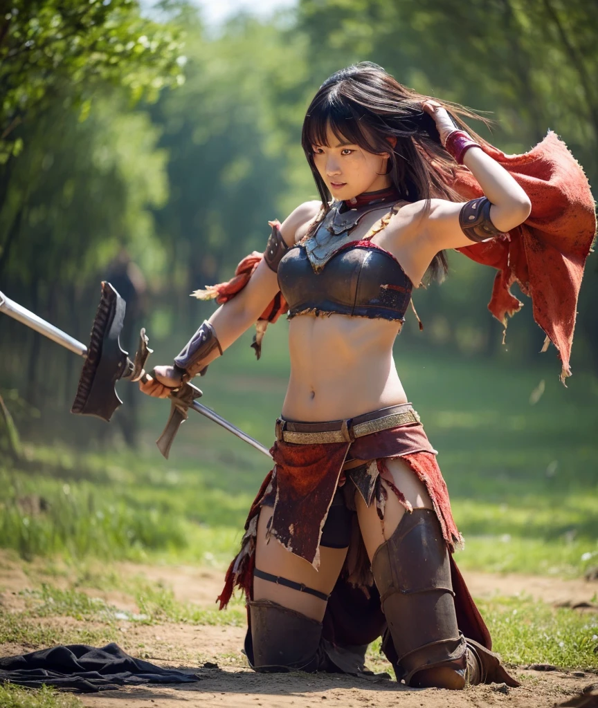 A beautiful girl warrior is defeated by the enemy and her clothes are torn to shreds.