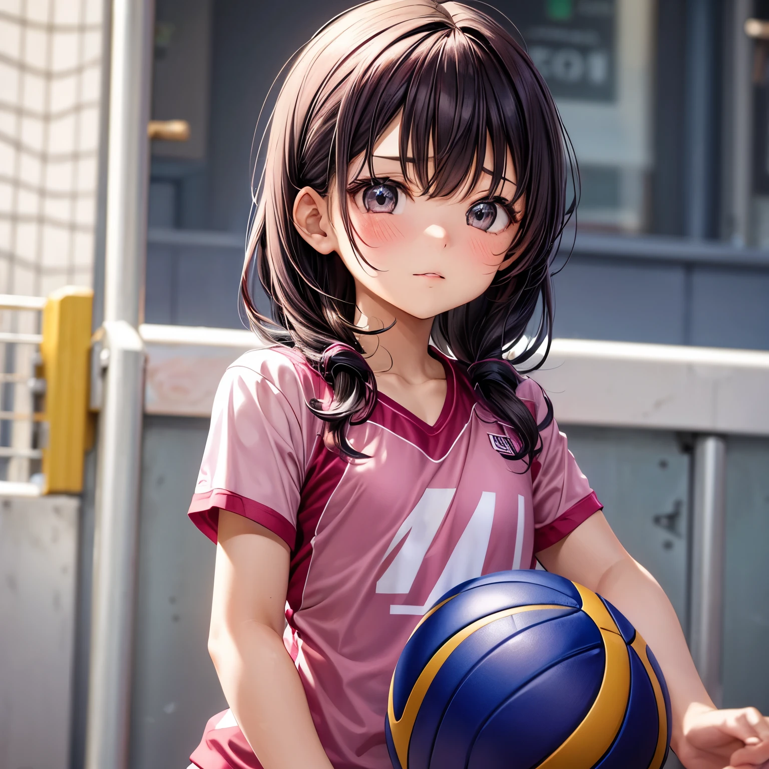 Perfect face,hair color:dark pink,volleyball uniform,small ,toddler